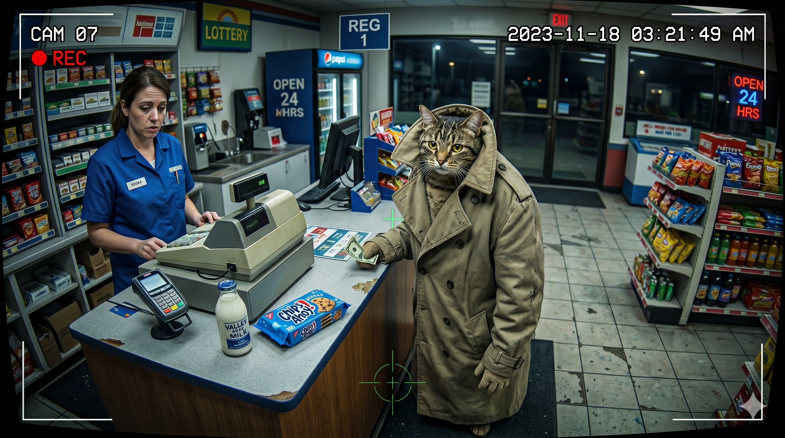 CCTV Cats in Trenchcoat at Gas Station