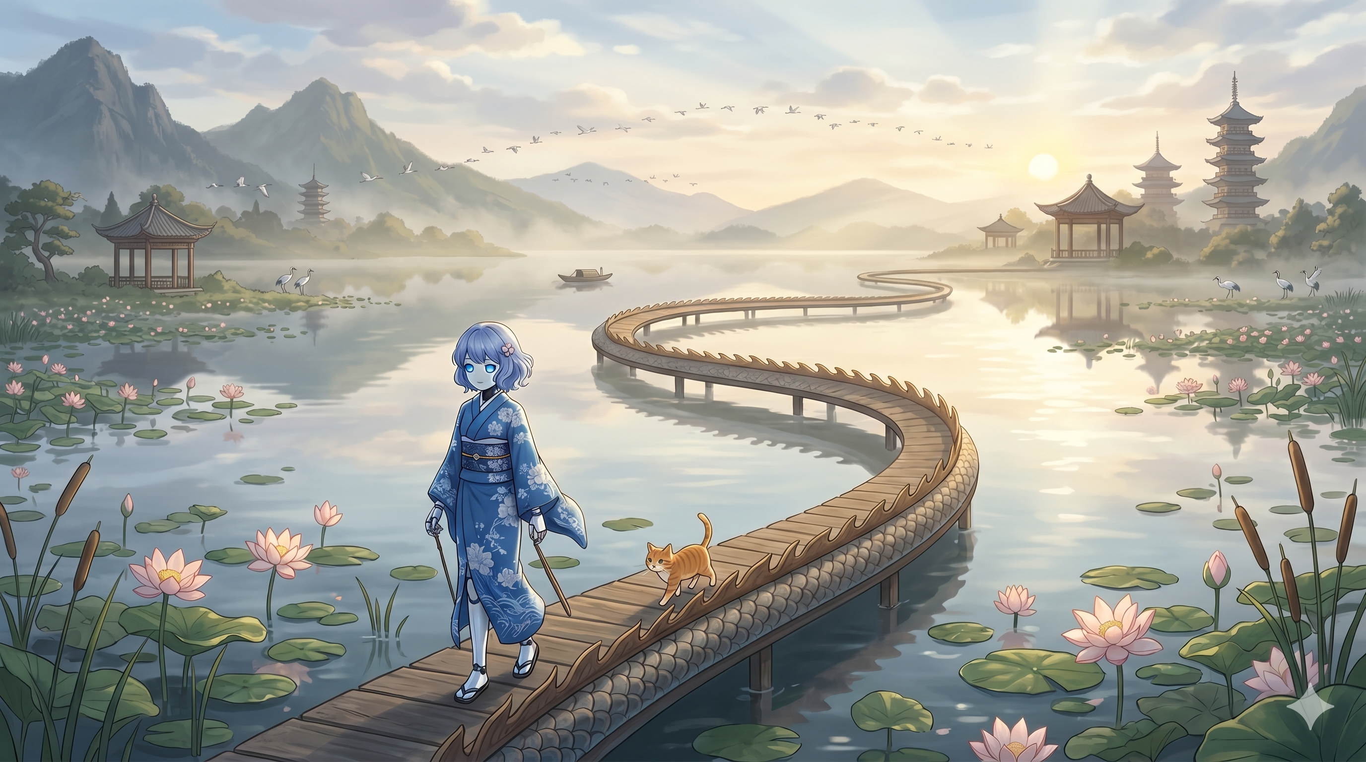 Robot Girl on a Dragon-Spine Path Across a Lotus Lake